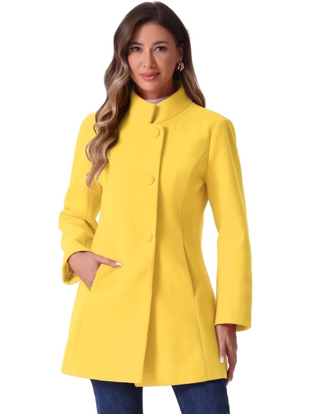 Women's Yellow Mid-long Stand Collar Single Breasted Loose Fit Winter Trench Coa